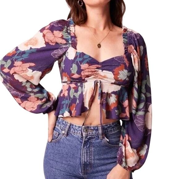 BAND OF THE FREE Floriane Pinch Front Puff Sleeve Crop Top Sweetheart NWT Small - Picture 1 of 11